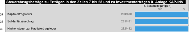 Einzelbeträge eingeben: Abgeltungssteuer, Soli, Kirchensteuer in Zeilen 37-39